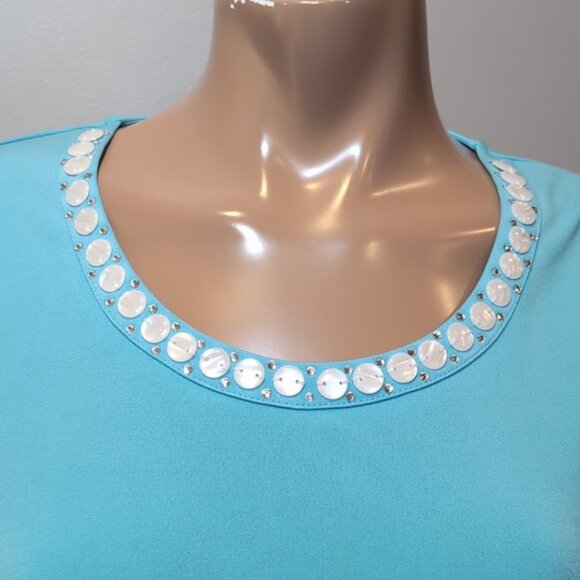 Tanjay Aqua Short Sleeve Top Embellished Scoop Neck Beaded Rhinestone Resort - Picture 4 of 13